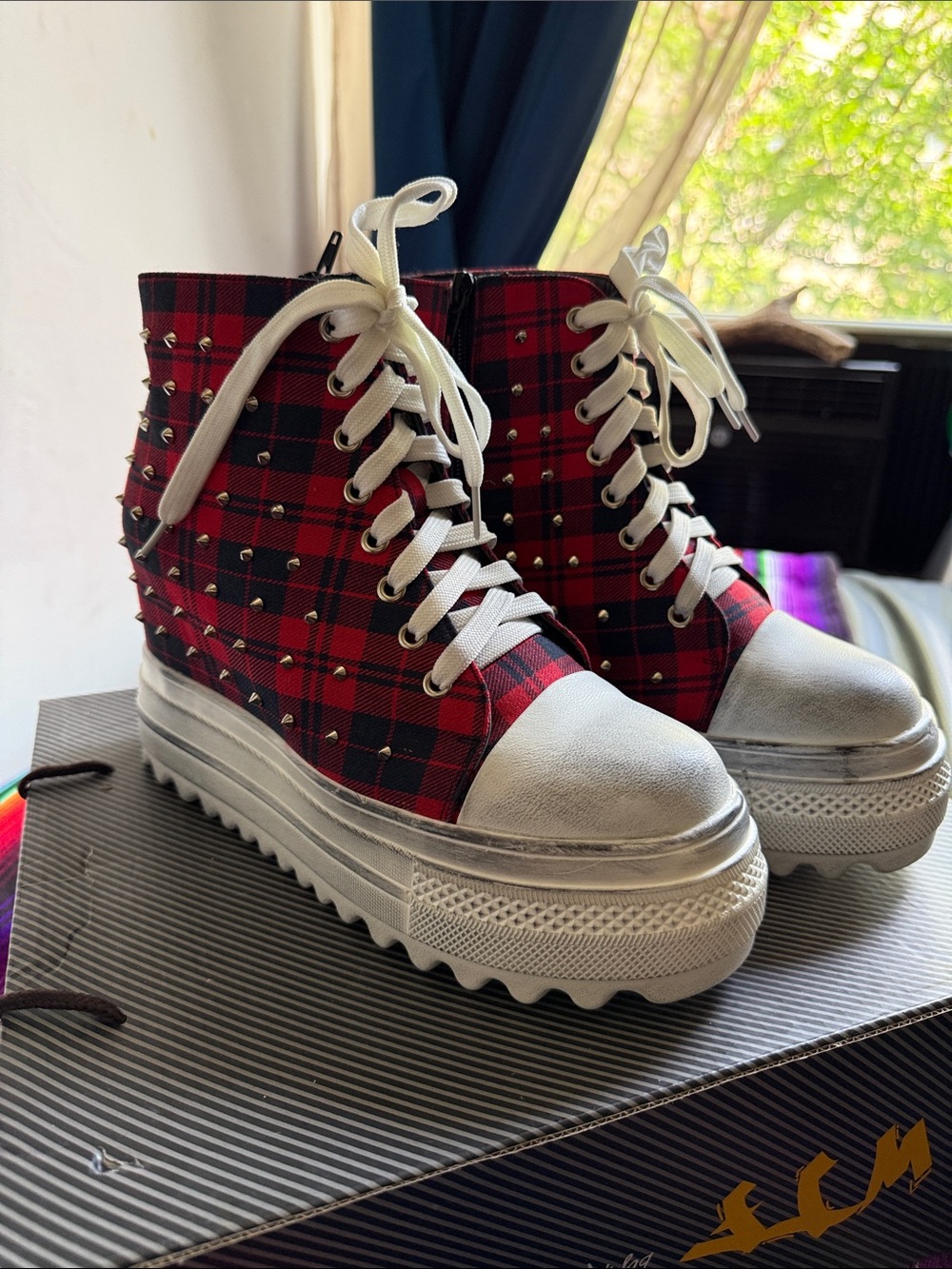 Red Plaid Studded Platform High-Top Sneakers with White Trim